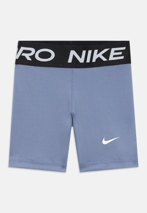 Calções de compressão Nike em azul claro, com uma cintura preta onde está escrito "NIKE" em branco, e um pequeno logo branco da Nike no lado esquerdo.