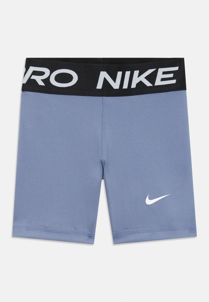 Pantalones cortos de compresión Nike en azul claro, con una banda elástica negra que lleva "NIKE" en blanco, y un pequeño logo de Nike en blanco en el lado izquierdo.