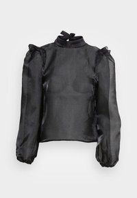 Blusa preta transparente com um colarinho alto e mangas bufantes elásticas. Ties no pescoço e brilho subtil no tecido.