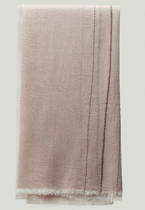 Tissu texturé rose clair doux avec deux fines rayures verticales marron à droite et bords effrangés en bas.