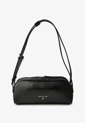 Black leather shoulder bag with adjustable strap, rectangular shape, gold zipper, and "Patrizia Pepe" logo on front.