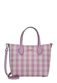 Rosa- und cremefarbener kariert Handtasche mit zwei Griffen, abnehmbarem Schulterriemen, glatter Textur und Logo-Detail auf der Vorderseite.
