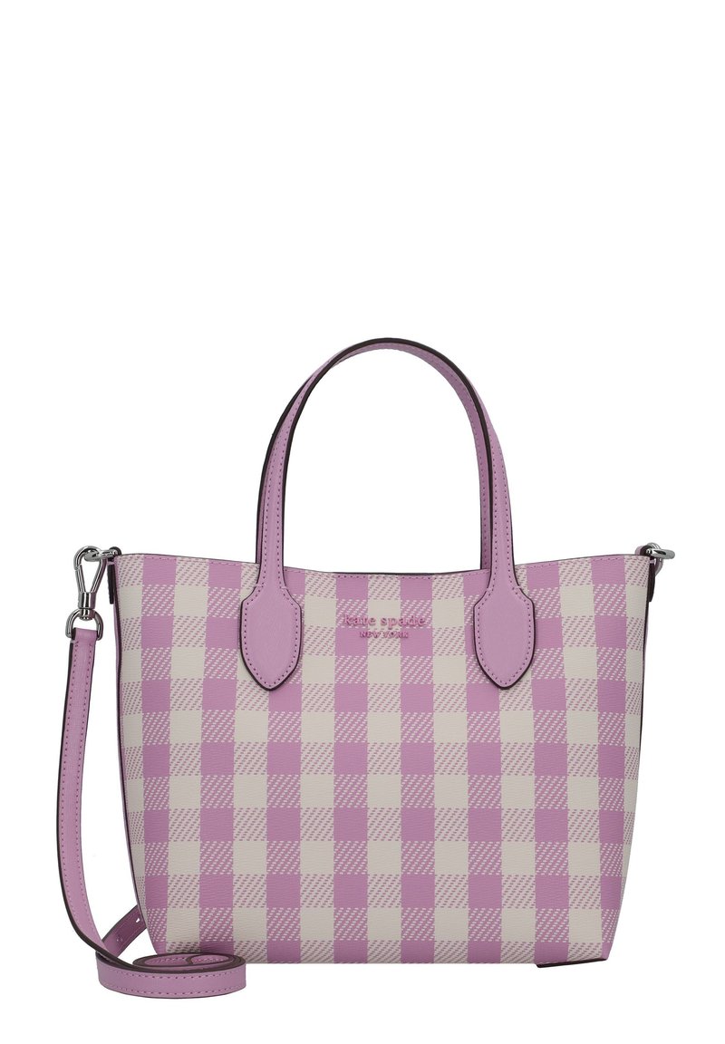 Rosa- und cremefarbener kariert Handtasche mit zwei Griffen, abnehmbarem Schulterriemen, glatter Textur und Logo-Detail auf der Vorderseite.