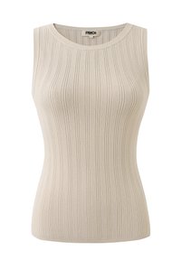 Haut sans manches beige en tissu côtelé. Il présente un col rond et une silhouette ajustée avec des rayures verticales sur l'ensemble.