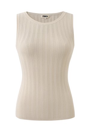 Haut sans manches beige en tissu côtelé. Il présente un col rond et une silhouette ajustée avec des rayures verticales sur l'ensemble.