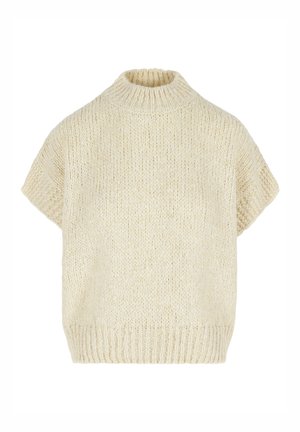 Knit pullover in off-white, featuring a high neck, short sleeves, and a loose, textured design with ribbed hem and cuffs.