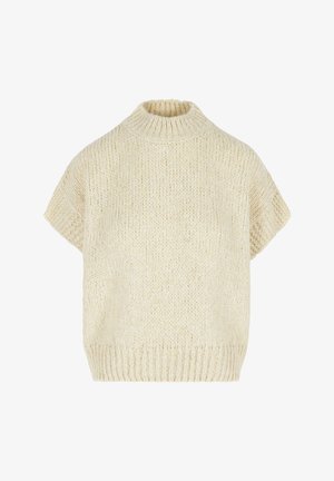 Knit pullover in off-white, featuring a high neck, short sleeves, and a loose, textured design with ribbed hem and cuffs.