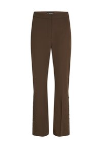 Pantaloni.Mapperu maro, cu un design cu picior drept, având o textură netedă și accente cu nasturi pe lateral. Detalii clasice ale taliei.