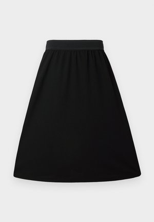 Fustă A-line neagră cu un talie elastică, realizată dintr-o țesătură fină și ușoară; prezintă un design simplu, uni, fără modele.