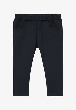 Granatowe legginsy wykonane z miękkiego, elastycznego materiału, z elastycznym pasem i dwoma przednimi kieszeniami. Gładka faktura, dopasowany krój, bez wzorów.