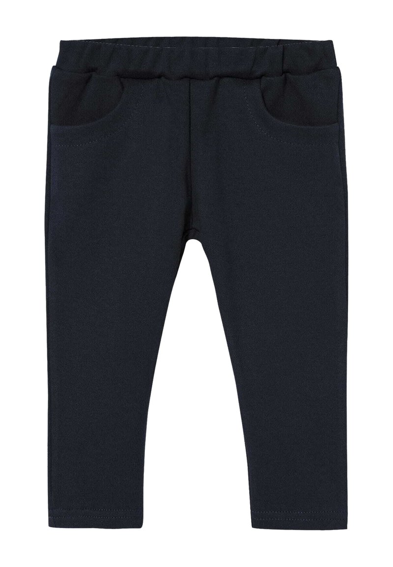Granatowe legginsy wykonane z miękkiego, elastycznego materiału, z elastycznym pasem i dwoma przednimi kieszeniami. Gładka faktura, dopasowany krój, bez wzorów.