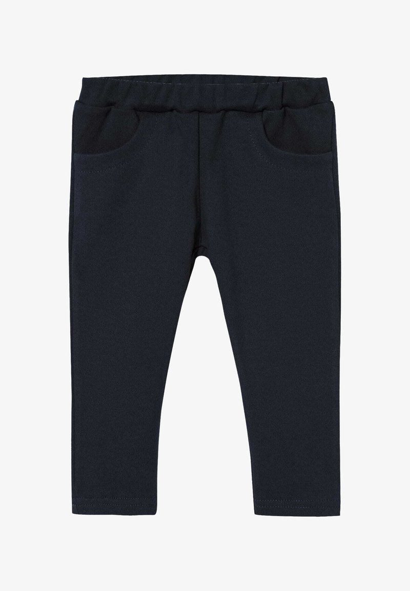 Granatowe legginsy wykonane z miękkiego, elastycznego materiału, z elastycznym pasem i dwoma przednimi kieszeniami. Gładka faktura, dopasowany krój, bez wzorów.