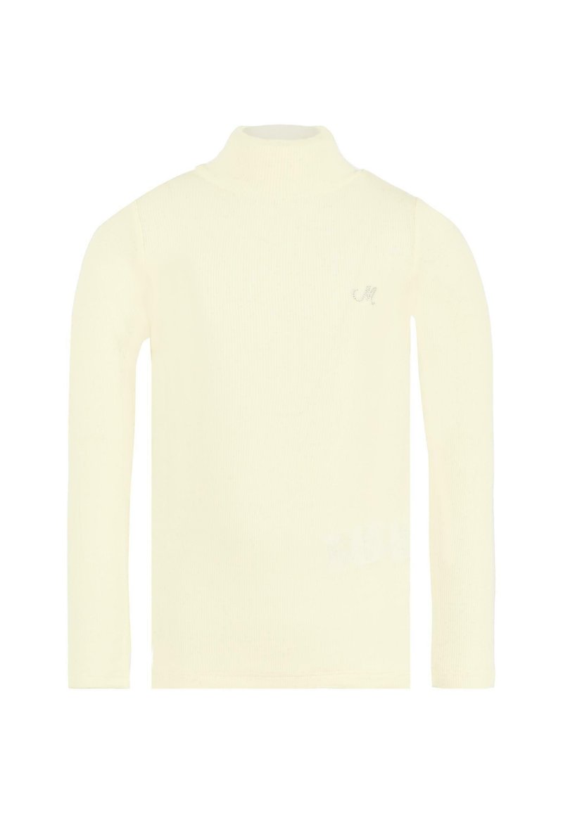 Maglione a collo alto di colore crema con texture a coste, dotato di maniche lunghe e un piccolo logo ricamato sul lato sinistro. Materiale morbido.