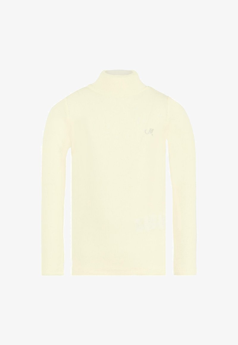 Maglione a collo alto di colore crema con texture a coste, dotato di maniche lunghe e un piccolo logo ricamato sul lato sinistro. Materiale morbido.