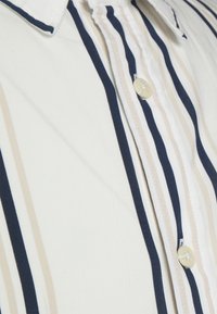Witte blouse met verticale marineblauwe en beige strepen, beige knopen en zichtbare kraagdetails.