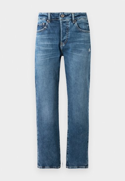 Moški modri kavbojki s ravnim krojem, petimi žepi in gumbom za zapiranje. Imajo rahlo zbledelost in šivane detajle.