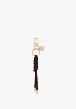 Brown suede keychain with gold hardware, featuring a clip, rings, and two decorative strands with gold accents at the ends.
