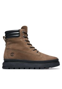 Botte imperméable en cuir marron avec col rembourré noir, lacets noirs et semelle en caoutchouc noir épaisse, vue de profil orientée vers la droite.
