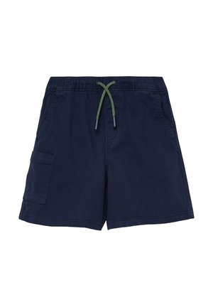 Marineblaue Shorts mit elastischem Bund, grün-schwarzem Kordelzug, seitlichen Taschen und einer Cargotasche am linken Bein.