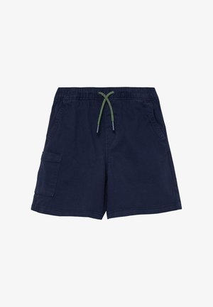 Marineblaue Shorts mit elastischem Bund, grün-schwarzem Kordelzug, seitlichen Taschen und einer Cargotasche am linken Bein.