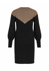 Robe noire à manches longues avec un bloc de couleur marron en forme de V sur le haut du dos et des manches retroussées.