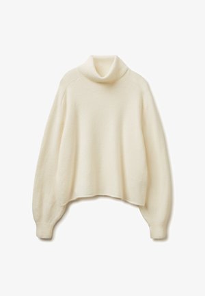 Weißer, kurzer Rollkragenpullover aus weichem, strukturiertem Stoff mit herunterhängenden Schultern und langen, enganliegenden Ärmeln.