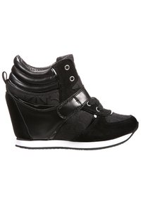 Black wedge sneakers made of a combination of smooth and textured synthetic materials, featuring a lace-up design and accent straps.