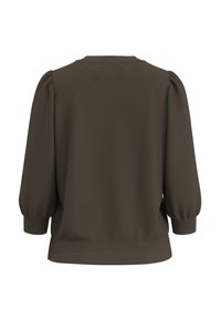 Blusa marrone con una vestibilità comoda, dotata di maniche a sbuffo e scollatura rotonda. Tessuto liscio con una finitura leggermente testurizzata.