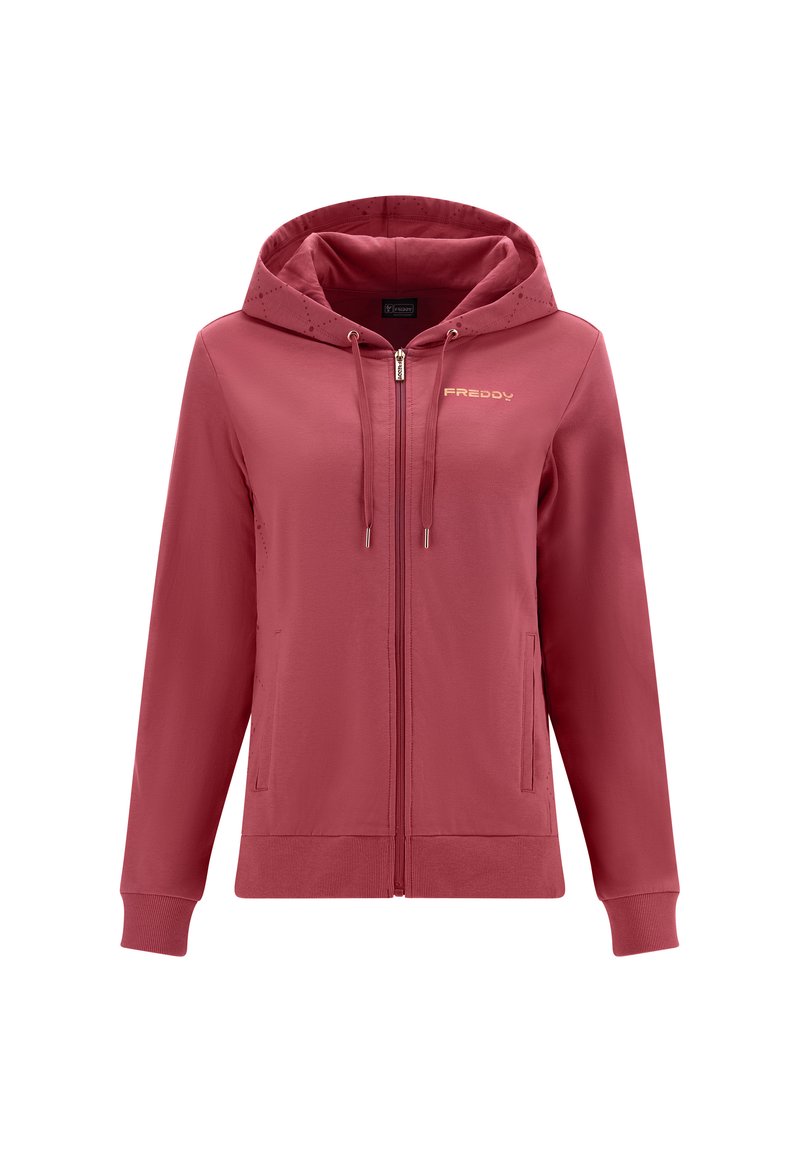 FREDDY Felpa Donna Con Zip E Cappuccio - Inserti Floreali, Cotone/Elastan, Colore Wine Rose