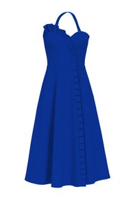 Koninklijk blauwe mouwloze midi-jurk met asymmetrische ruches aan de voorkant en één schouderband.