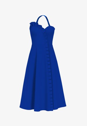 Kongelig blå, ærmeløs midi-kjole med asymmetrisk flæse-detalje ned foran og én skulderrem.