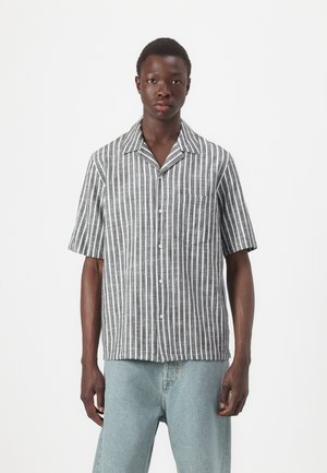 Short-sleeved button-up shirt in gray and white vertical stripes, relaxed fit, lightweight fabric, left chest pocket, casual collar.