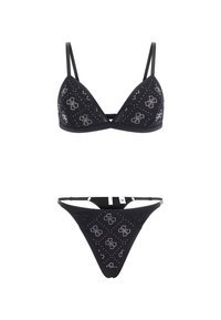Conjunto de bikini negro que presenta un bralette triangular y un tanga, adornado con patrones de flores plateadas y tachuelas. Incluye tirantes ajustables.