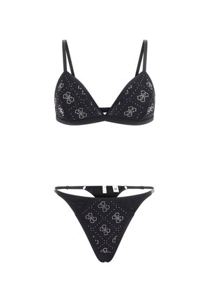 Melnas bikini komplekts, kas sastāv no trīsstūra formas krūštura un tanga, rotāts ar sudraba ziedu rakstiem un studiem. Iekļautas regulējamas siksnas.