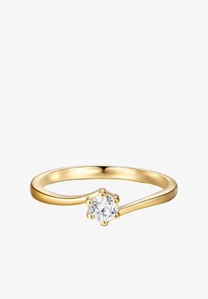 Goldring mit einem einzelnen runden klarem Diamanten in einer sechszinkigen Fassung auf einem schlanken, glatten Band.