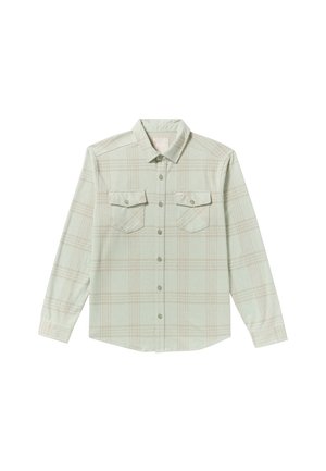 Camicia a quadri verde chiaro con bottoni, maniche lunghe, due tasche con patta e bottone sul davanti e colletto classico.