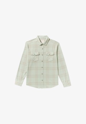 Hellgrünes kariertes Hemd mit langen Ärmeln, zwei vorderen Taschen mit Knopfklappen und klassischem Kragen.