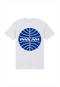 T-shirt in cotone bianco con un grande design circolare blu e il testo "PAN AM" in grassetto lettere bianche al centro.