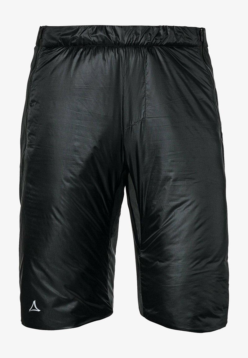 Zwarte lichtgewicht shorts met een glanzende textuur, een elastische tailleband en zijzakken. Bevat een klein logo aan de zoom.