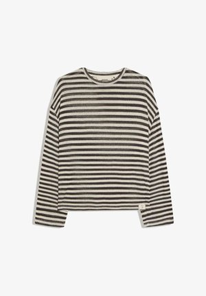 Long-sleeve crew neck shirt with black and white horizontal stripes and a small fabric label near the hem on a white background.