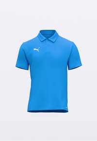 Blå polo skjorte laget av glatt stoff, med krage, korte ermer, og en hvit Puma-logo på venstre bryst. Minimalistisk design.