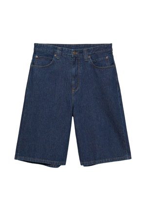 Tmavomodré denimové kraťasy po kolená s predným zapínaním na gombíky, zipsom, pútkami na opasok a dizajnom s piatimi vreckami.