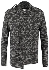 Cardigan en maille chinée noir et blanc avec un devant asymétrique et un col drapé et ample.