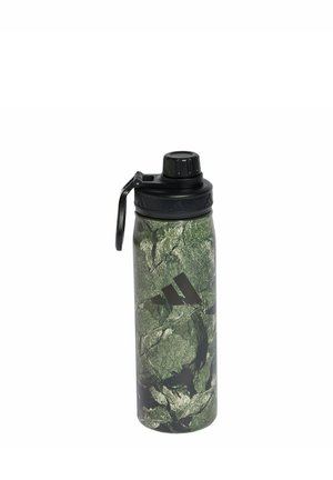 Botella deportiva para agua en mármol verde y negro con tapa de rosca negra y asa de transporte fija.