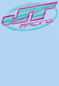 Logo design pro "JT Racing," se stylizovanými písmeny v tyrkysové a růžové barvě, s kruhovým akcentem na světle modrém pozadí.