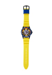 Bunte Uhr mit einem gelben Silikonarmband und einem schwarzen Kunststoffgehäuse. Das runde Ziffernblatt hat einen leuchtend gelben Hintergrund mit zahnradähnlichen Mustern.