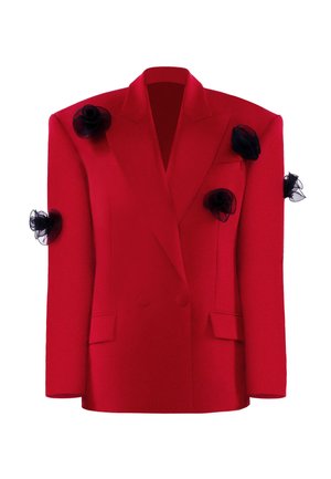Roter, zweireihiger Blazer mit breiten Schultern, verziert mit fünf schwarzen, transparenten Blumenapplikationen vorne und an den Ärmeln.