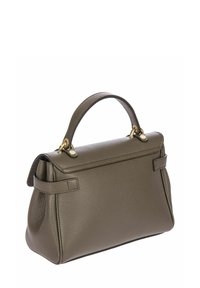 Sac à main en cuir vert olive avec un design structuré, anse supérieure, accents en métal doré et une finition texturée distincte.