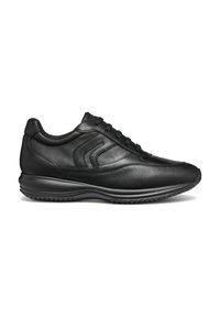 Scarpe sportive in pelle nera con punta arrotondata, accenti laterali testurizzati e chiusura con lacci. Progettate con una suola ammortizzata per il massimo comfort.