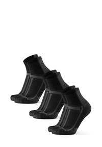 Schwarze Sportsocken mit gestreiftem Design, mittelhohe Länge, gerippte Struktur, verstärkter Zehen- und Fersenbereich. Set mit drei Paaren.